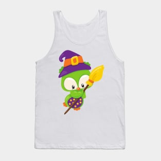 Halloween Owl, Cute Owl, Green Owl, Witch Broom Tank Top